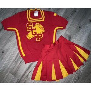 Vintage 70's Lot Cheerleading Uniform Sweater Pleated Skirt Blue Yellow Varsity‎